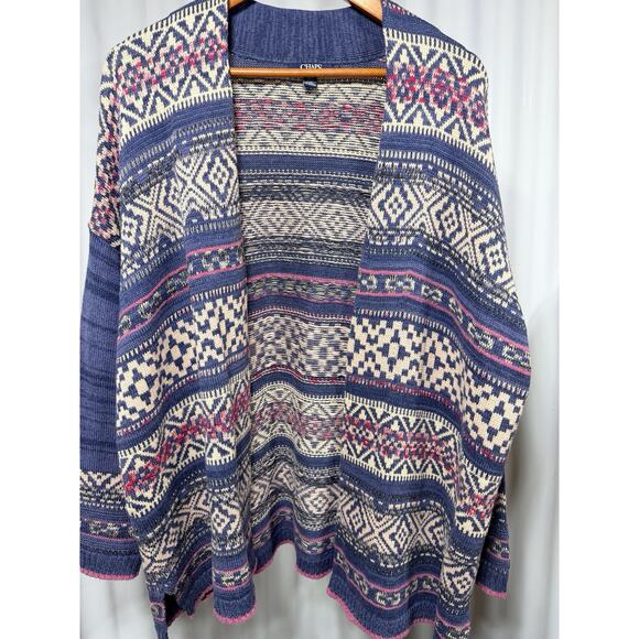Chaps Women's XL Blue Fair Isle Open Front Cardigan Sweater Aztec Southwest - Picture 7 of 9